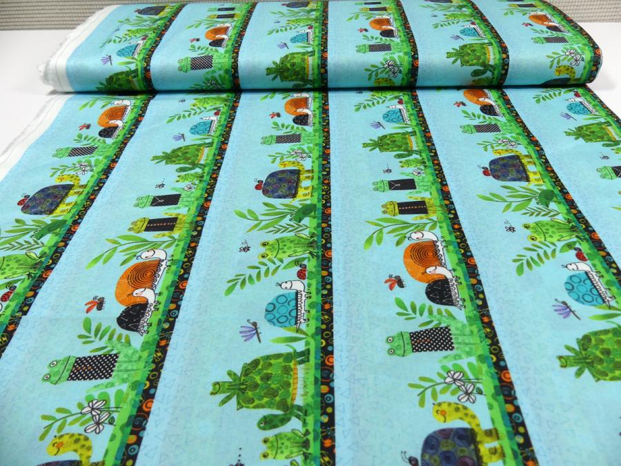Preview: Frogtastic Benartex Patchworkstoff mit Schildkröten Frosch Bordüre türkis